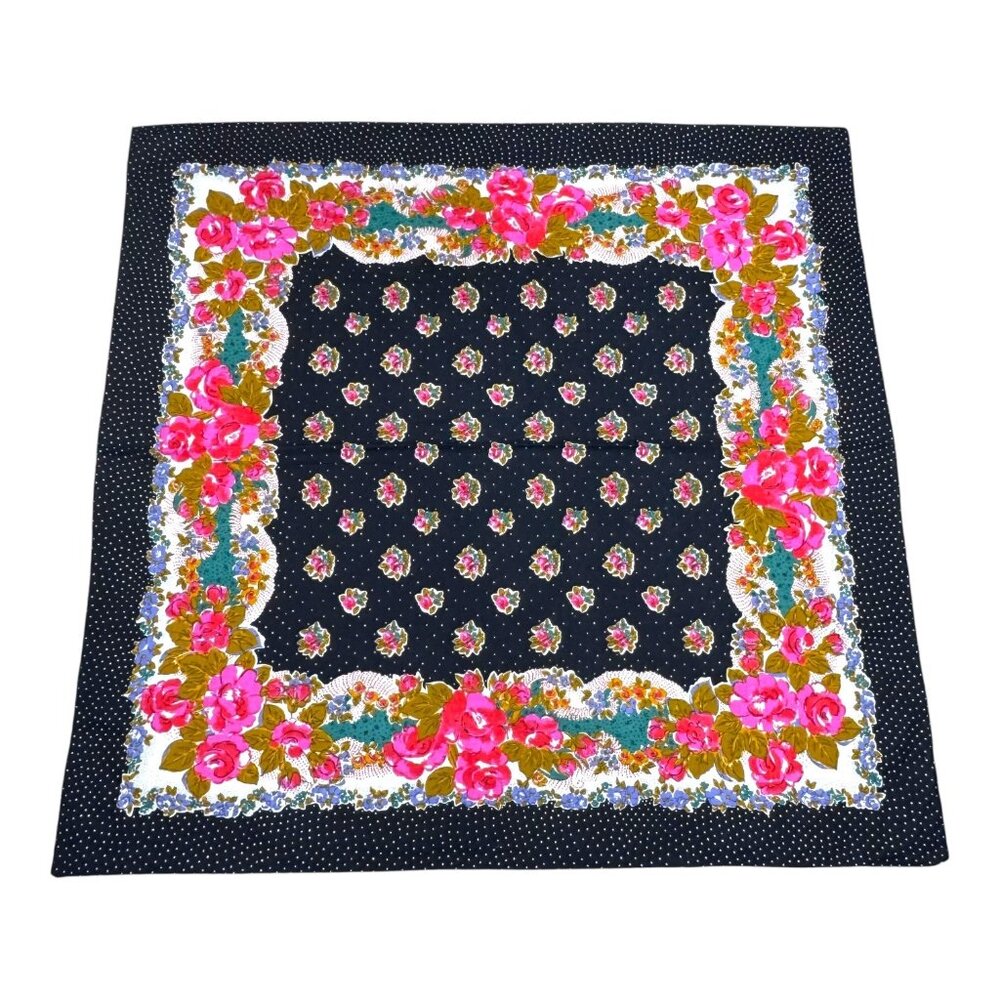 Vintage Large Floral Square Scarf 36" Black Roses Wildflowers Pink Green Flowers